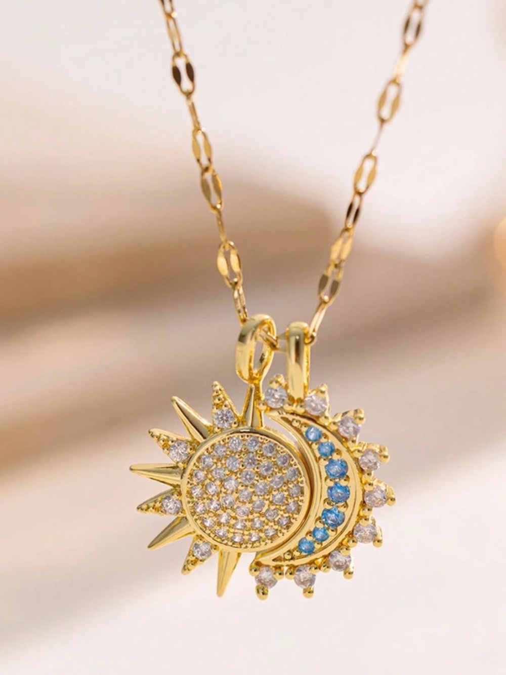 Gold Sun and Moon Pendant Necklace with Blue Accents - Women Jewelry
